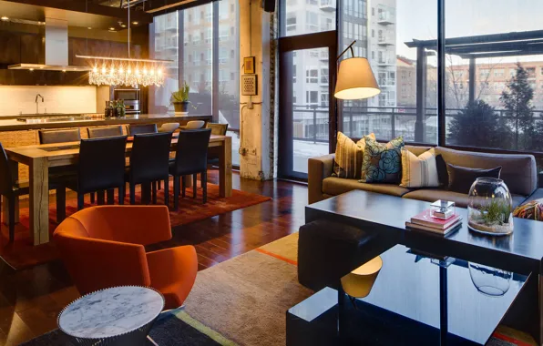 Интерьер, кухня, гостиная, столовая, Industrial style, floor to ceiling windows