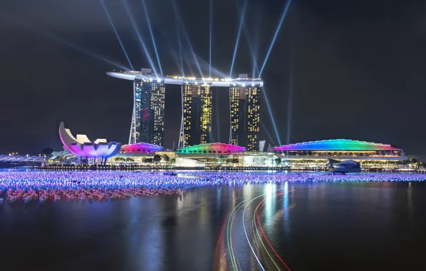 Lights, огни, небоскребы, Сингапур, архитектура, мегаполис, blue, night
