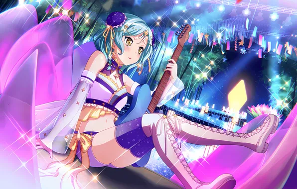 Lights, girl, guitar, sexy, cleavage, shorts, blouse, thighhighs