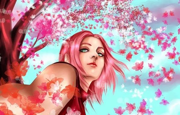 Девушка, дерево, сакура, арт, naruto, розовые волосы, haruno sakura, hisokakakashi