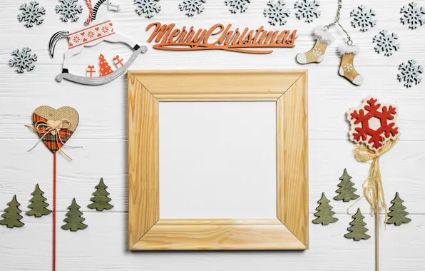 Снежинки, елки, Christmas, with, wooden, декор, лошадка, composition