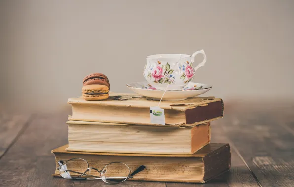Ретро, чай, книги, macaron