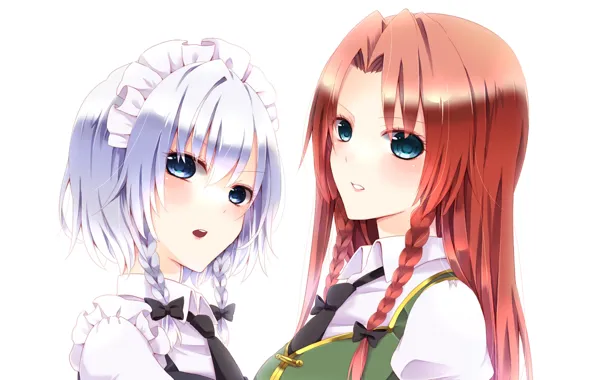 Girl, Аниме, белый фон., Izayoi Sakuya, Hong Meiling, Touhou Project