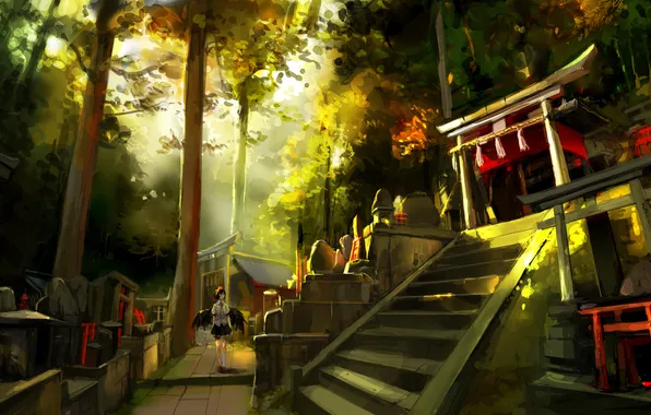 Картинка девушка, деревья, закат, крылья, арт, ступени, храм, touhou