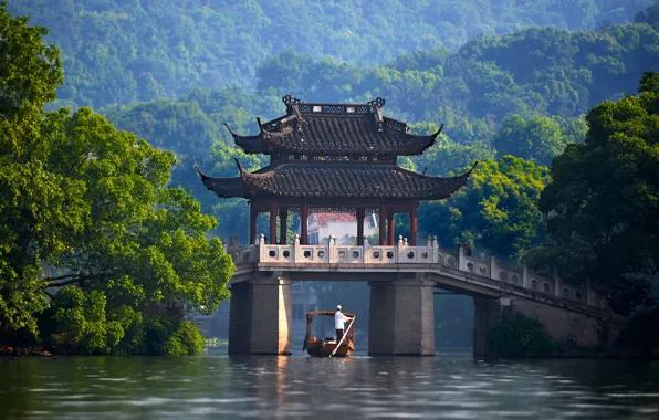 Деревья, мост, река, лодка, China, Китай, павильон