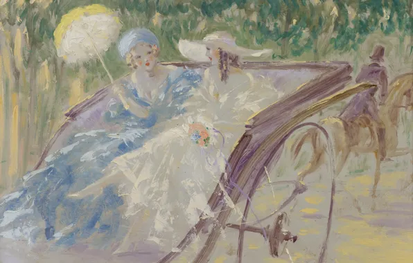 Зонтик, Louis Icart, Две элегантных дамы в карете