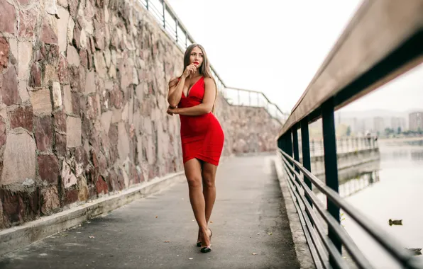 Red, girl, dress, bridge, lips