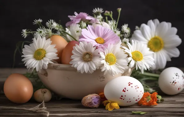 Цветы, стол, праздник, яйцо, яйца, букет, весна, Пасха
