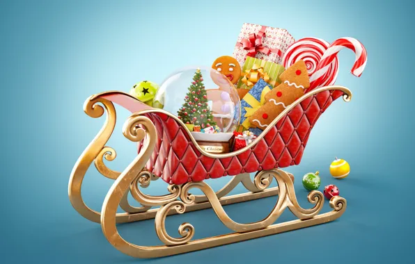 Картинка подарки, christmas, merry, decoration, сани Санты