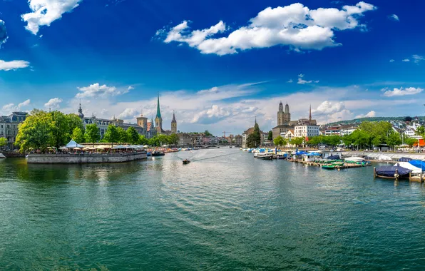Картинка Облака, Дома, Озеро, Швейцария, Панорама, Цюрих