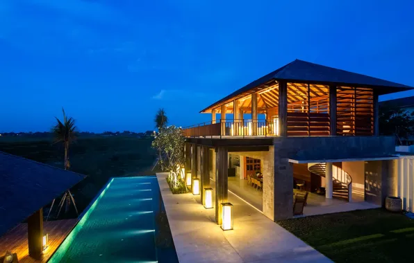 Картинка вилла, вечер, бассейн, освещение, архитектура, курорт, терраса, Indonesia