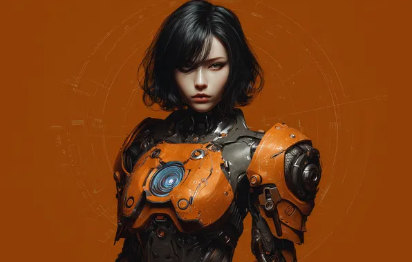 Science fiction, orange, cyberpunk, women, cyborg, illustration, looking at viewer, AI art