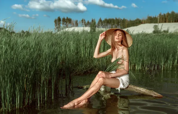Грудь, вода, солнце, поза, модель, шляпа, макияж, фигура