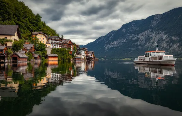 Картинка горы, озеро, здания, дома, Австрия, Альпы, теплоход, Austria