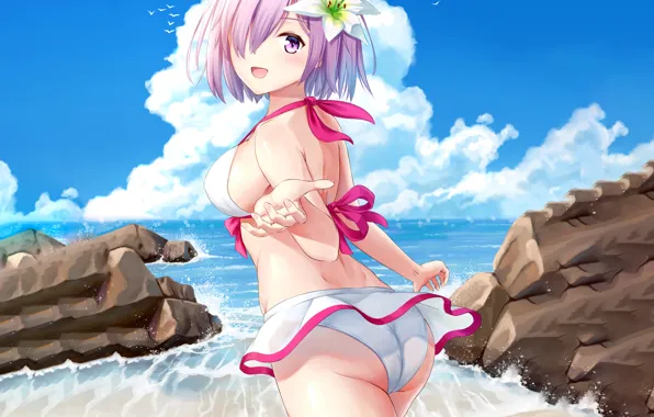 Girl, sexy, ass, cleavage, beach, sea, boobs, anime