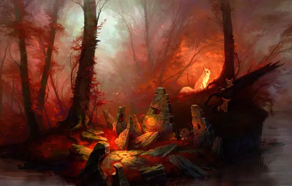 Картинка лес, камни, магия, арт, forest, red magic