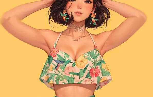 Girl, sexy, anime, flowers, short hair, babe, belly, tummy
