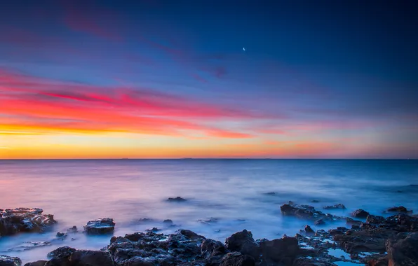 Картинка зима, море, небо, закат, камни, океан, луна, Австралия