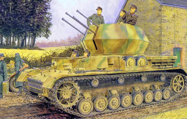 Картинка weapon, war, art, painting, tank, ww2, Flakpanzer IV Ausf G Wirbelwind