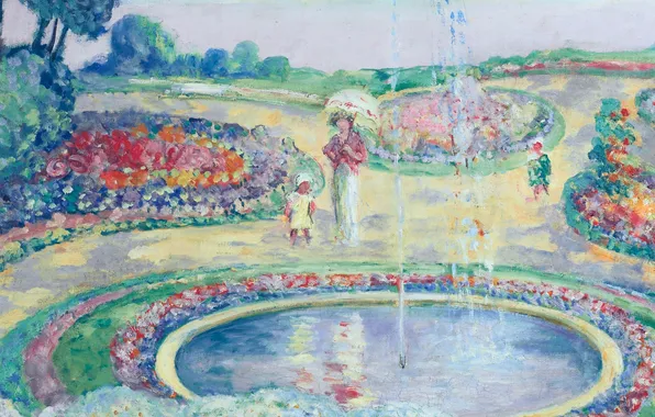 Картинка пейзаж, парк, картина, фонтан, жанровая, Анри Лебаск, Flowering Garden