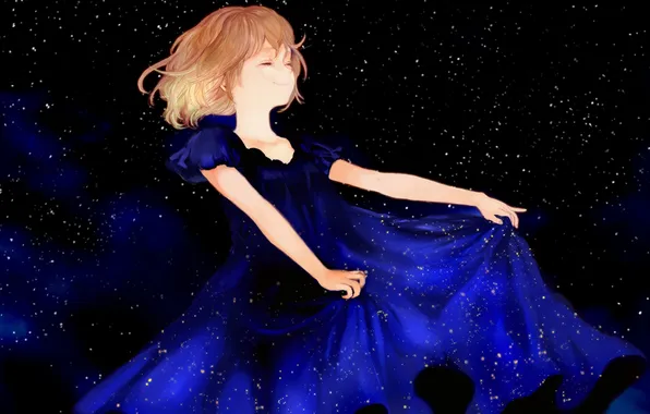 Звезды, ночь, улыбка, Девушка, синее платье