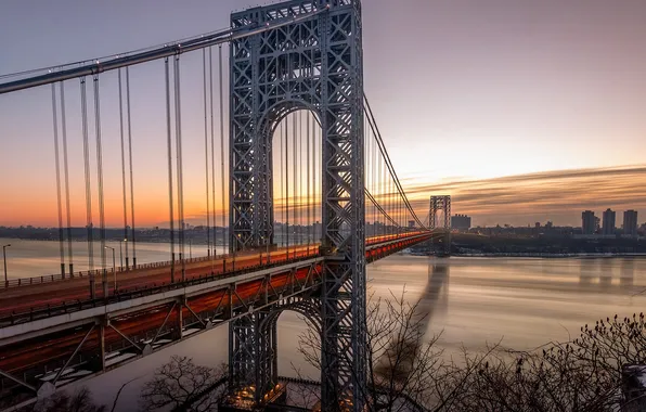Закат, мост, река, Нью-Йорк, New York