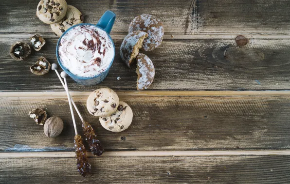 Кофе, печенье, орехи, coffee, Cup, cream, cookies, пряники