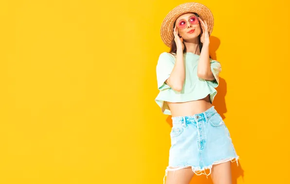 Girl, hat, young, model, pretty, tank top, denim, mini skirt