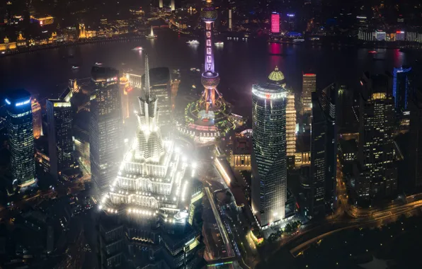 Картинка свет, ночь, город, огни, Китай, Шанхай