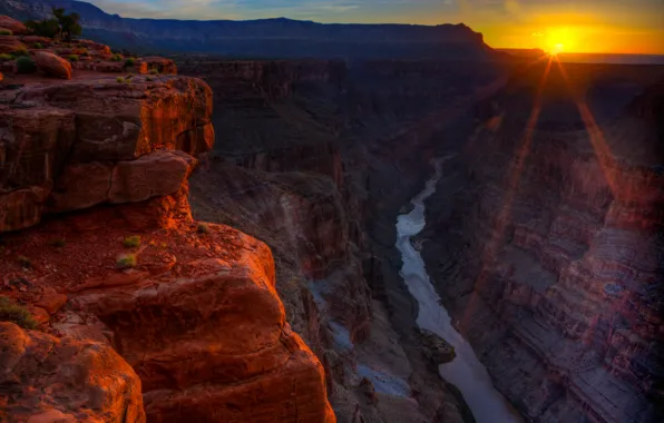 Закат, горы, река, скалы, каньон, Аризона, США, grand canyon national park
