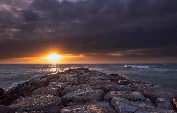 Картинка море, закат, камни, побережье, Испания