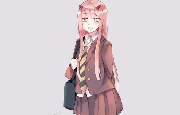 Девушка, серый фон, 002, Darling In The Frankxx, Милый во Франксе, Zero Two
