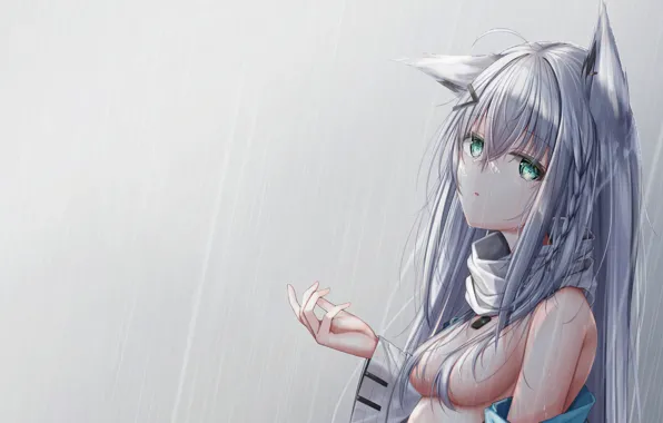 Girl, sexy, wet, rain, green eyes, long hair, boobs, animal ears
