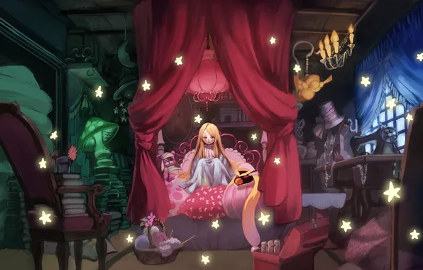 Картинка девушка, звезды, игрушки, кровать, кресло, шляпа, свечи, аниме