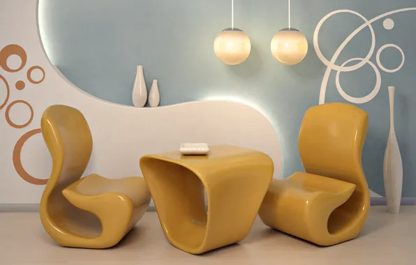 Картинка дизайн, стиль, комната, интерьер, кресло, ваза, форма, желтое