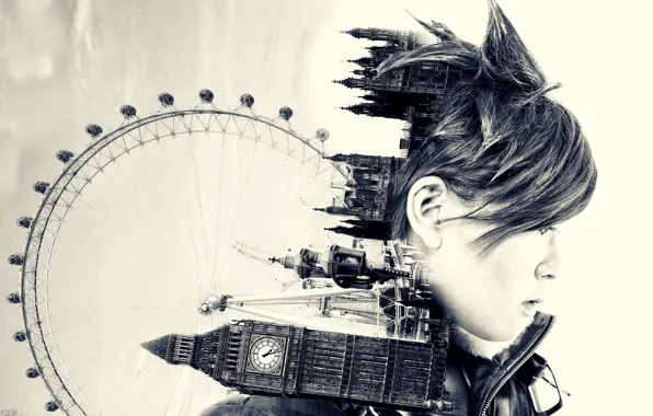 Girl, game, cosplay, England, London Eye, Big Ben, Palace of Westminster, United Kingdom