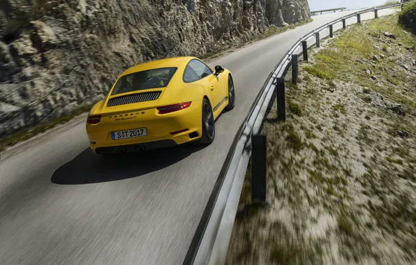 Картинка дорога, асфальт, жёлтый, движение, Porsche, ограждение, 2018, 911 Carrera T