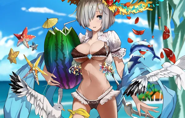 Girl, sexy, cleavage, sky, sea, boobs, anime, beautiful