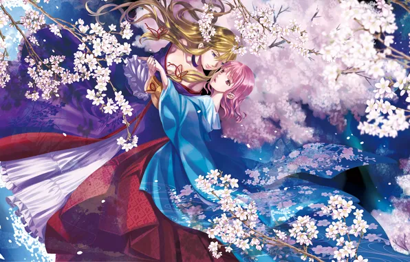 Картинка цветы, девушки, сакура, арт, touhou, yakumo yukari, saigyouji yuyuko, kyuu umi