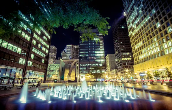 Ночь, город, подсветка, фонтан, Chicago, Daley Plaza