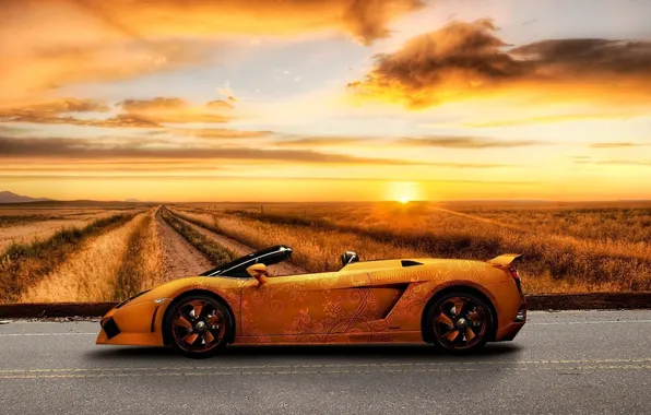 Картинка дорога, поле, небо, закат, узоры, Lamborghini