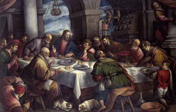 Картинка картина, религия, библия, жанровая, мифология, Франческо Бассано, Тайная Вечеря