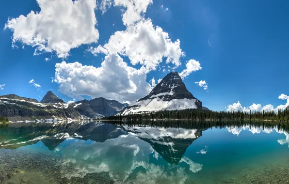 Облака, горы, озеро, отражение, панорама, Монтана, Glacier National Park, Скалистые горы
