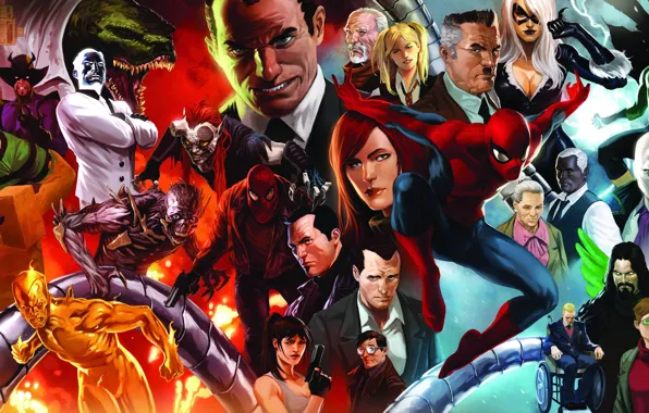 Marvel, spider man, green goblin, black cat, dr octavius, mary jane