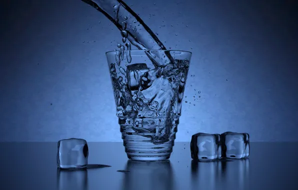Лед, вода, капли, свет, брызги, синий, прозрачный, стакан