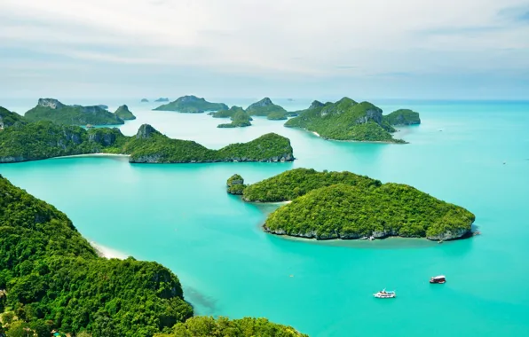 Картинка море, зелень, острова, тропики, Таиланд, Phuket, катера, вид сверху