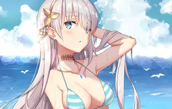 Girl, sexy, Anastasia, cleavage, sky, long hair, sea, boobs