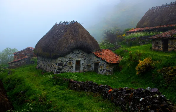 Картинка горы, туман, дом, Испания, Астурия
