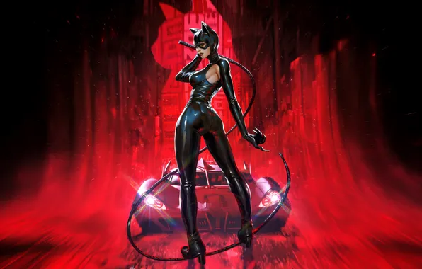 Красный, поза, силуэт, Женщина кошка, плетка, супергерои, Catwoman, стройная фигура