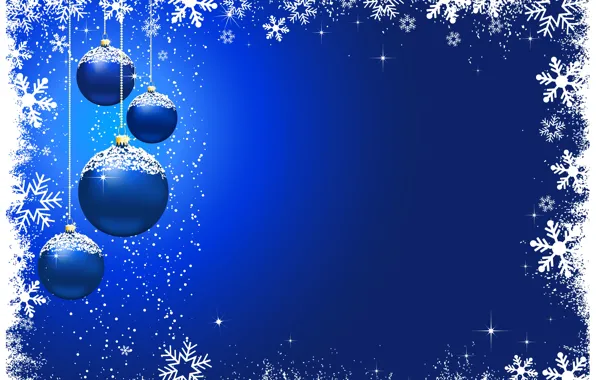 Зима, снежинки, синий, фон, праздник, шары, Рождество, christmas